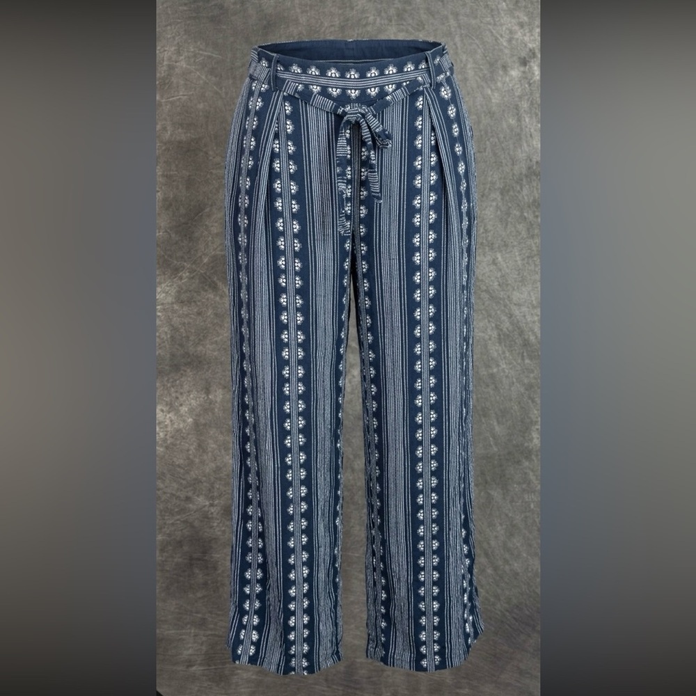 Bebop Blue & White Boho Wide Leg Pants XL | Tie Waist Pockets Rayon Summer